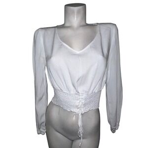 Hollister Top Womens Size S White Long Sleeve Crop Smocked Waist Tie Front Shirt